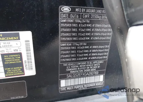 2016 Land Rover Range Rover 5.0L V8 Supercharged z USA, uszkodzony, nr VIN SALGS2EFXGA292769